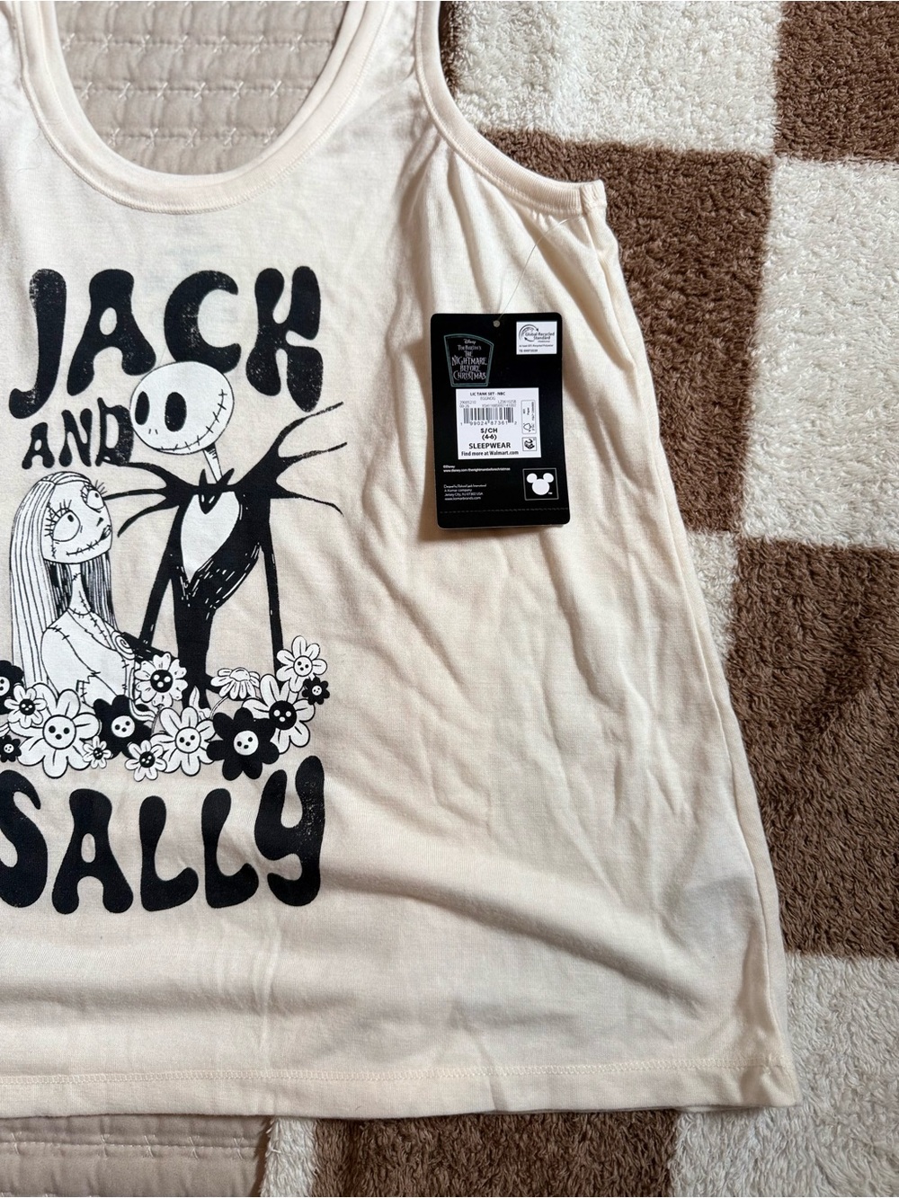 Jack and Sally Cream Graphic Tank with Black Plaid Shorts - Picture 6 of 7
